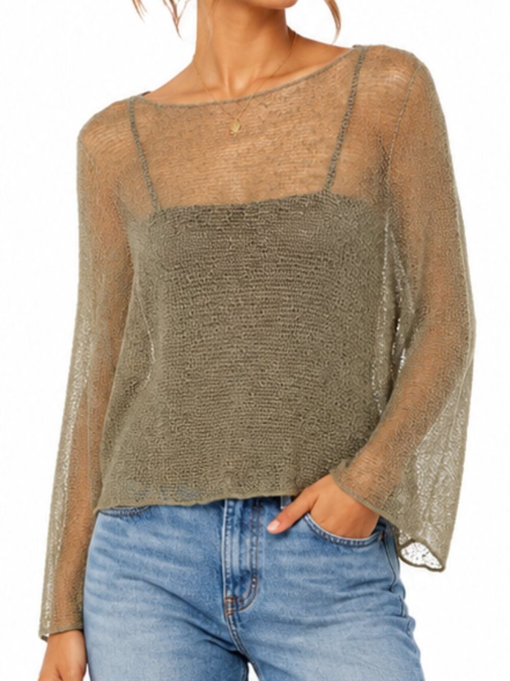 SHU-SHI Olive Green Open Weave Relaxed Fit Poncho Top NWT OS
